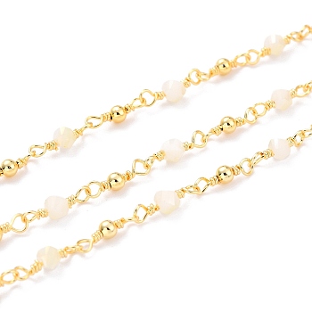 3.28 Feet Handmade Glass Beaded Chains, with Brass Findings, Soldered, Long-Lasting Plated, Round & Faceted Rondelle, Golden, Rondelle Link: 12x4mm, Round Link: 11.5x3mm