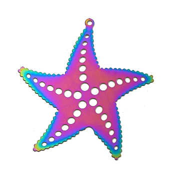Ion Plating(IP) 201 Stainless Steel Etched Metal Embellishments Pendants, Rainbow Color, Starfish, 40x38x0.3mm, Hole: 1.2mm