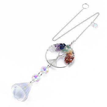 Natural Mixed Gemstone Big Pendants, with Platinum Brass Chain Extender and Findings, Plating Glass Teardrop & Flower, Clear AB Color, Flat Round with Tree of Life, 140mm, Hole: 3.5x5.5mm