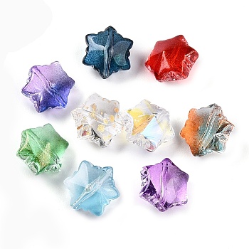 Transparent Glass Beads, Snowflake, with Glitter Powder, Gradient Color, Mixed Color, 11.5x10.5x7.5mm, Hole: 1mm