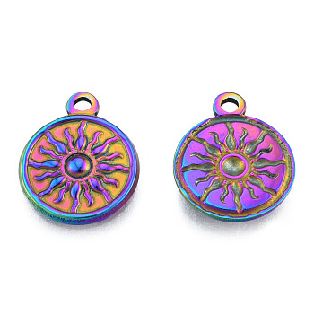 Ion Plating(IP) 201 Stainless Steel Pendants, Flat Round with Sun, Rainbow Color, 19x15.5x2mm, Hole: 1.8mm