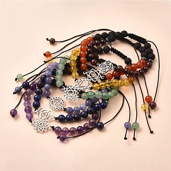 Chakra Jewelry, Adjustable Nylon Thread Braided Bead Bracelets Sets, with Natural Gemstone & Synthetic Lava Rock Beads, Non-Magnetic Synthetic Hematite Beads and Alloy Links, Inner Diameter: 1-7/8~3-1/2 inch(4.8~9cm), 7pcs/set
