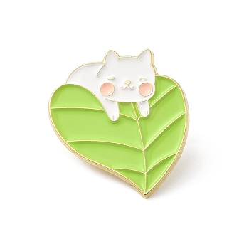 Alloy Brooches, Enamel Pins, for Backpack Cloth, Cat Theme, Leaf, 25.5x23.5x1.5mm