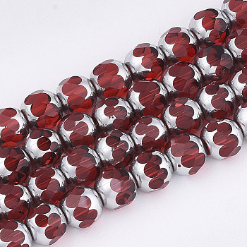 Electroplate Glass Beads Strands, Half Silver Plated, Faceted, Round, Red, 8~8.5x7~8mm, Hole: 1mm, about 40pcs/strand, 11.8 inch
