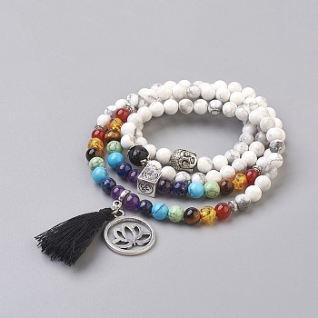 Dual-use Items,Four Loops Natural Howlite Wrap Bracelets/Necklaces, with Alloy Findings, Mixed Stone and Resin, Lotus, Chakra, Burlap Packing, 28.3 inch(72cm), Bag: 12x8.5x3cm