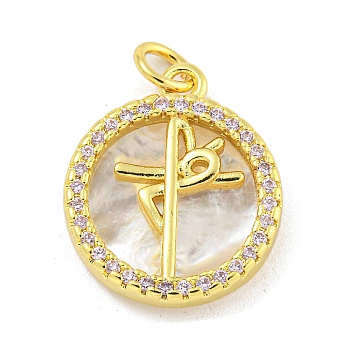 Rack Plating Brass Micro Pave Cubic Zirconia Pendants, with Natural Shell, Cadmium Free & Lead Free, Long-Lasting Plated, Real 18K Gold Plated, Flat Round, 18x15x4mm, Hole: 3mm