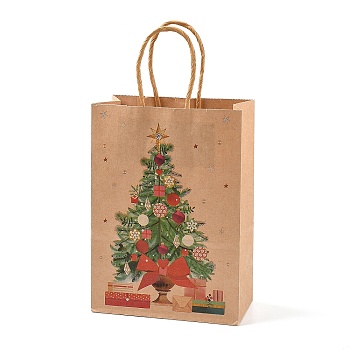Christmas Theme Printed Kraft Paper Bags with Handles, Rectangle Gift Bags, Shopping Bags, Christmas Tree, 20.7x15x0.8cm