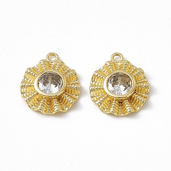 Brass Pave Clear Cubic Zirconia Flat Round Charms, Real 18K Gold Plated, 11x10.5x2.5mm, Hole: 1mm