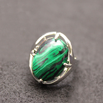 Oval Synthetic Malachite Adjustable Ring, Platinum Alloy Jewelry for Women, Inner Diameter: 18mm