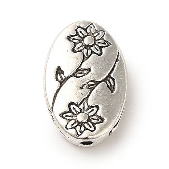Tibetan Style Alloy Beads, Cadmium Free & Lead Free, Oval with Flower, Antique Silver, 13.5x9x3mm, Hole: 1mm