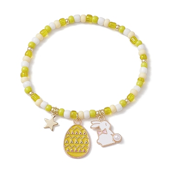 Alloy Enamel Charm Bracelets, with Glass Seed Beads, Yellow, 2-1/8 inch(5.5cm)