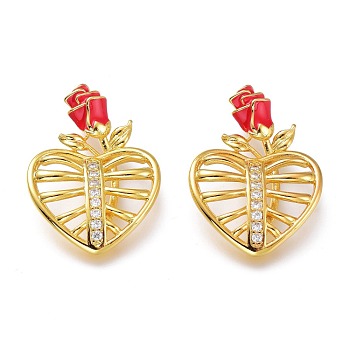 Brass Micro Pave Clear Cubic Zirconia Pendants, with Red Enamel, Long-Lasting Plated, Heart with Rose, Real 18K Gold Plated, 23x17x3.5mm, Hole: 4x2mm