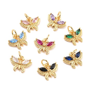 Real 18K Gold Plated Brass Micro Pave Cubic Zirconia Charms, Cadmium Free & Nickel Free & Lead Free, Butterfly, Mixed Color, 10.5x13.5x2.5mm, Jump Ring: 5x1mm, Inner Diameter: 3.5mm