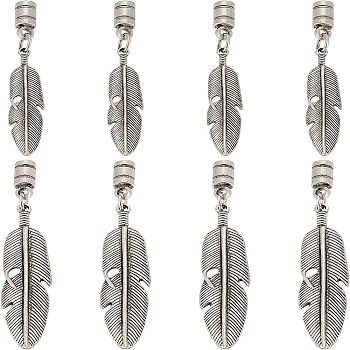 8Pcs 2 Size Alloy Cord Ends, End Caps, Feather, Antique Silver, 81mm, 65mm, Inner Diameter: 5mm, 4pcs/size