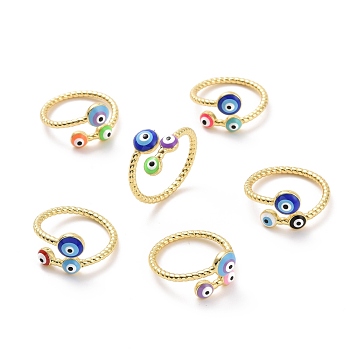 Enamel Evil Eye Open Cuff Ring, Light Gold Plated Brass Jewelry for Women, Cadmium Free & Lead Free, Mixed Color, US Size 8 1/2(18.5mm)