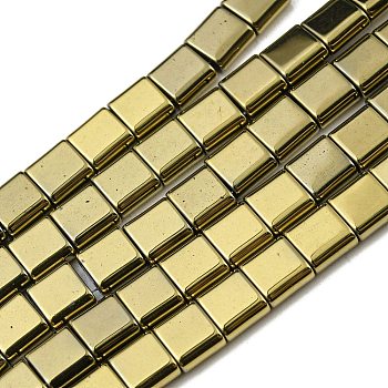 Electroplated Non-magnetic Synthetic Hematite Beads Strands, Square, 2-Hole, Dark Goldenrod, 6x6x3mm, Hole: 1.2mm, about 69pcs/strand, 15.55 inch(39.5cm)