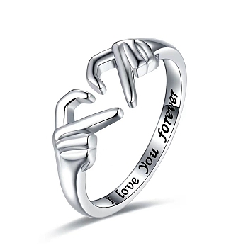 Alloy Hand Heart Open Cuff Ring, Word I Love You Forever Rnig for Valentine's Day, Platinum, Wide: 7.5mm