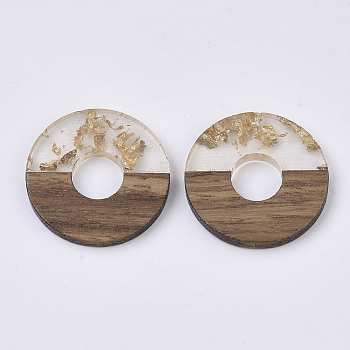 Transparent Resin & Walnut Wood Pendants, with Gold Foil, Waxed, Donut/Pi Disc, Gold, Donut Width: 13mm, 28x4mm, Hole: 2mm