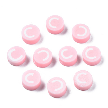 Handmade Polymer Clay Beads, Flat Round with Alphabet, Pink, Letter.C, 9x3.5~5mm, Hole: 1.6mm