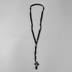 Jesus Cross Pinewood Pendant Polyester Cord Rosary Bead Necklaces for Men Women, Black, 22.83 inch(58cm)(NJEW-WH0002-243A)