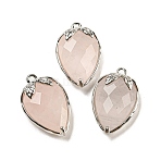 Natural Rose Quartz Faceted Pendants, Rack Plating Brass Strawberry Charms, Platinum, 18x11x5~5.5mm, Hole: 1.2mm(G-M431-06P-03)