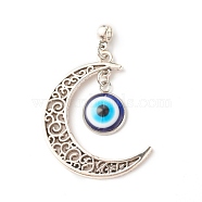Alloy Hollow Moon 2-Loop Link Big Pendants, with Resin Evil Eye and Alloy Bail Beads, Antique Silver, Cadmium Free & Lead Free, Blue, 50.5mm, Hole: 3.6mm(PALLOY-JF01294)