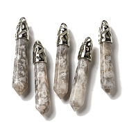 Natural Crazy Agate Pointed Big Pendants, Faceted Bullet Charms with Rack Plating Platinum Plated Brass Findings, 56~65x11~11.5x10~10.5mm, Hole: 4X3mm(G-Z055-01P-24)