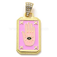 Rack Plating Alloy Enamel Pendants with Crystal Rhinestone Pendants, Rectangle Charms with Palm, Long-Lasting Plated, Lead Free & Cadmium Free, Golden, Pearl Pink, 36x20.5x2.5mm, Hole: 9.5x5.3mm(PALLOY-K010-35G-04)