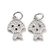 Dog Brass Micro Pave Clear Cubic Zirconia Charms, with Jump Ring, Cadmium Free & Lead Free, Platinum, 13x9x1.5mm, Hole: 3.4mm(KK-G425-14P)