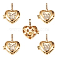Brass Micro Pave Clear Cubic Zirconia Diffuser Locket Pendants, Long-Lasting Plated, Lead Free & Cadmium Free, Heart with Butterfly, Real 18K Gold Plated, 19x23x8mm, Hole: 5.5x3mm, 5pcs/box(ZIRC-SZ0003-58)