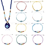 10Pcs 10 Style Evil Eye Braided Bead Bracelets & Pendant Necklace Sets, Adjustable Jewelry Set for Women, Mixed Color, 1-3/8~3-1/2 inch(3.3~9cm) Inner Diameter, 17.72 inch(45cm), 1pc/style(SJEW-SZ0001-014)