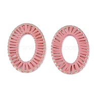 Handmade Raffia Woven Linging Rings, with Alloy Findings, Oval Ring, Light Gold, Light Coral, 48x34x2mm, Inner Diameter: 28.5x15.5mm(X-WOVE-Q077-22E)