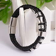 Braided Leather Cord Bracelets, with Stainless Steel Clasps, Black, 210mm(BJEW-L497-21B)