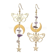 Natural Amethyst Chips Dangle Earrings, Brass Butterfly & Moon & Star Asymmetrical Earrings, Golden, 78x33mm(EJEW-TA00395)