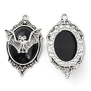 Halloween Alloy Oval Pendants, Bat Charms with Resin, Antique Silver, Black, 42.5x23.5x10mm, Hole: 2.2mm(FIND-C032-03AS-02)
