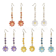Dyed Natural Mixed Gemstone Beaded Dangle Earrings, Flower Alloy Enamel Long Drop Earrings with 304 Stainless Steel Pins, 60x16mm(EJEW-JE05366)