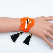 Miyuki Seed Braided Bead Bracelet with Double Tassel and Pearl, Big Sexy Lip Friendship Bracelet for Women, Orange, 11 inch(28cm)(BJEW-A121-10B)