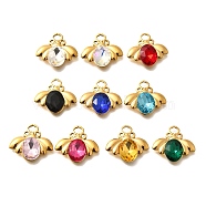 304 Stainless Steel Pendants, with Rhinestone, Real 18K Gold Plated, Ion Plating(IP), Bees, Mixed Color, 17x19x4.5mm, Hole: 3.5x2mm(STAS-Q346-11G)