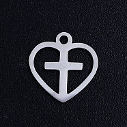 201 Stainless Steel Hollow Charms, Crosslet Heart Charms, Heart with Cross, Stainless Steel Color, 12x12x1mm, Hole: 1.5mm(STAS-Q201-JN318-1)