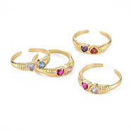 Brass Micro Pave Colorful Cubic Zirconia Cuff Rings, Open Rings, Nickel Free, Heart, Real 16K Gold Plated, Mixed Color, US Size 7 1/4(17.5mm)(RJEW-S044-157-NF)