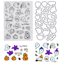 1Pc Halloween Theme PVC Plastic Clear Stamps, with 1Pc Carbon Steel Cutting Dies Stencils, for DIY Scrapbooking, Photo Album Decorative, Halloween Themed Pattern, Stamps: 164x114x3mm, Cutting Dies Stencils: 150x84x0.9mm(DIY-CP0008-83)