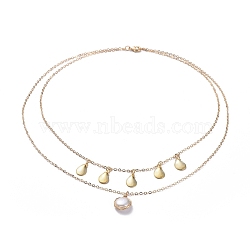 Double Layer Necklaces, with Copper Wire, 304 Stainless Steel Charms, Natural Baroque Pearl Keshi Pearl Beads, Brass Cable Chains and Lobster Claw Clasps, Shell Shape, Golden, 16.14 inch(41cm)(NJEW-JN02680-02)