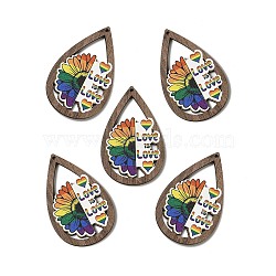 Rainbow/Pride Flag Theme Single Face Printed Aspen Wood Big Pendants, Teardrop with Word Love Is Love Charm, Sunflower Pattern, 55x34x2.5mm, Hole: 1.8mm(WOOD-G014-02F)