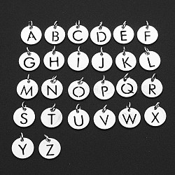 201 Stainless Steel Charms, Laser Cut, with Jump Rings, Flat Round with Alphabet A~Z, Stainless Steel Color, 12x12x1mm, Hole: 3mm, 26pcs/set(STAS-Q237-M002-5)