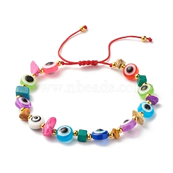 Flat Round with Evil Eye Resin Braided Bead Bracelet, Synthetic Turquoise Beads Power Bracelets for Women, Red, Inner Diameter: 2~3-1/8  inch(5~8cm)(BJEW-JB07267-01)