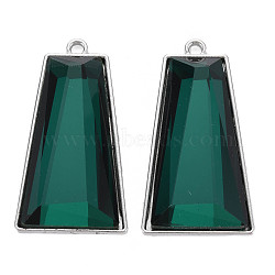 Faceted Glass Pendants, with Alloy Open Back Settings, Trapezoid, Cadmium Free & Lead Free, Green, Platinum, 49x26x8mm, Hole: 3mm(PALLOY-N167-07-01P-RS)