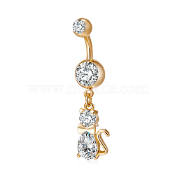 Piercing Jewelry, Brass Cubic Zirconia Kitten Navel Ring, Belly Rings, with Surgical Stainless Steel Bar, Cadmium Free & Lead Free, Golden, Cat Shape, Clear, 40x9mm, Bar: 15 Gauge(1.5mm), Bar Length: 3/8"(10mm)(AJEW-EE0003-12)