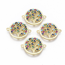 Brass Micro Pave Cubic Zirconia Links connectors, Flat Round with Tree of Life, Colorful, Golden, 15.5x20.5x2.5mm, Hole: 1mm(ZIRC-T005-036G)
