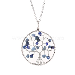 Natural Lapis Lazuli Chips Beaded Tree of Life Pendant Necklaces, with Platinum Alloy Chains, 19.69 inch(50cm)(PW-WG63202-09)