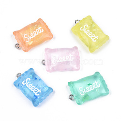 Transparent Resin Pendants, with Paillette & Platinum Tone Iron Peg Bail, Candy with Word Sweet, Mixed Color, 29x18.5x8mm, Hole: 2mm(RESI-S356-54A)
